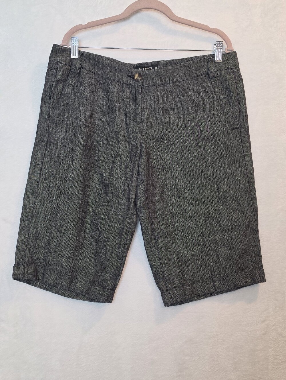 Etro Women’s Dark Gray/Black Heavy 100% Linen Bermuda Trouser Shorts US 12